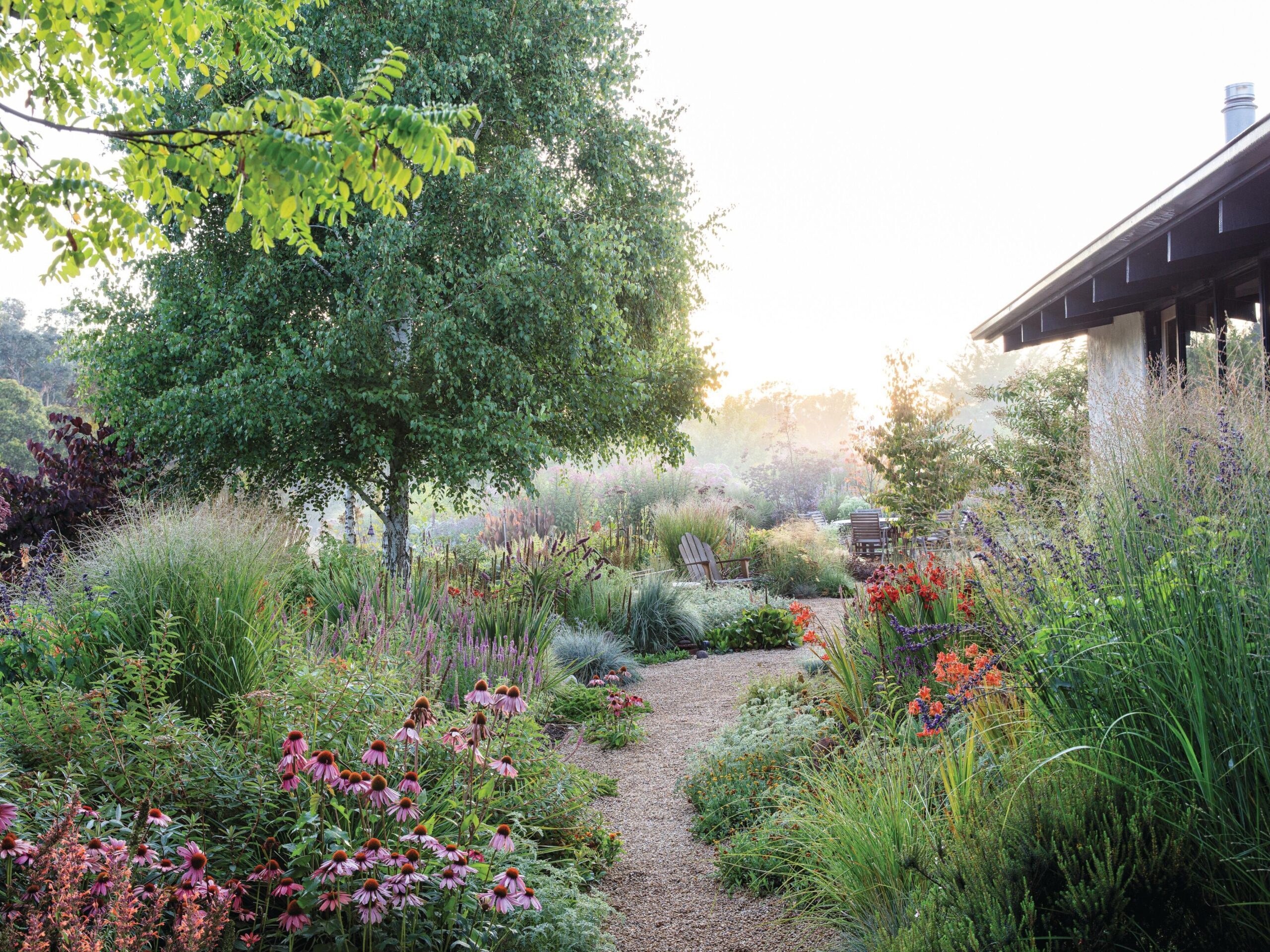 Colourful garden with building and gravel path