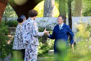 WaterAid Garden:.Show Garden..Monty Don pictured with Tom Massey and Je Ahn Monty Don on the RHS Chelsea Flower Show Water Aid Garden from 2024 with Tom Massey and Je Ahn