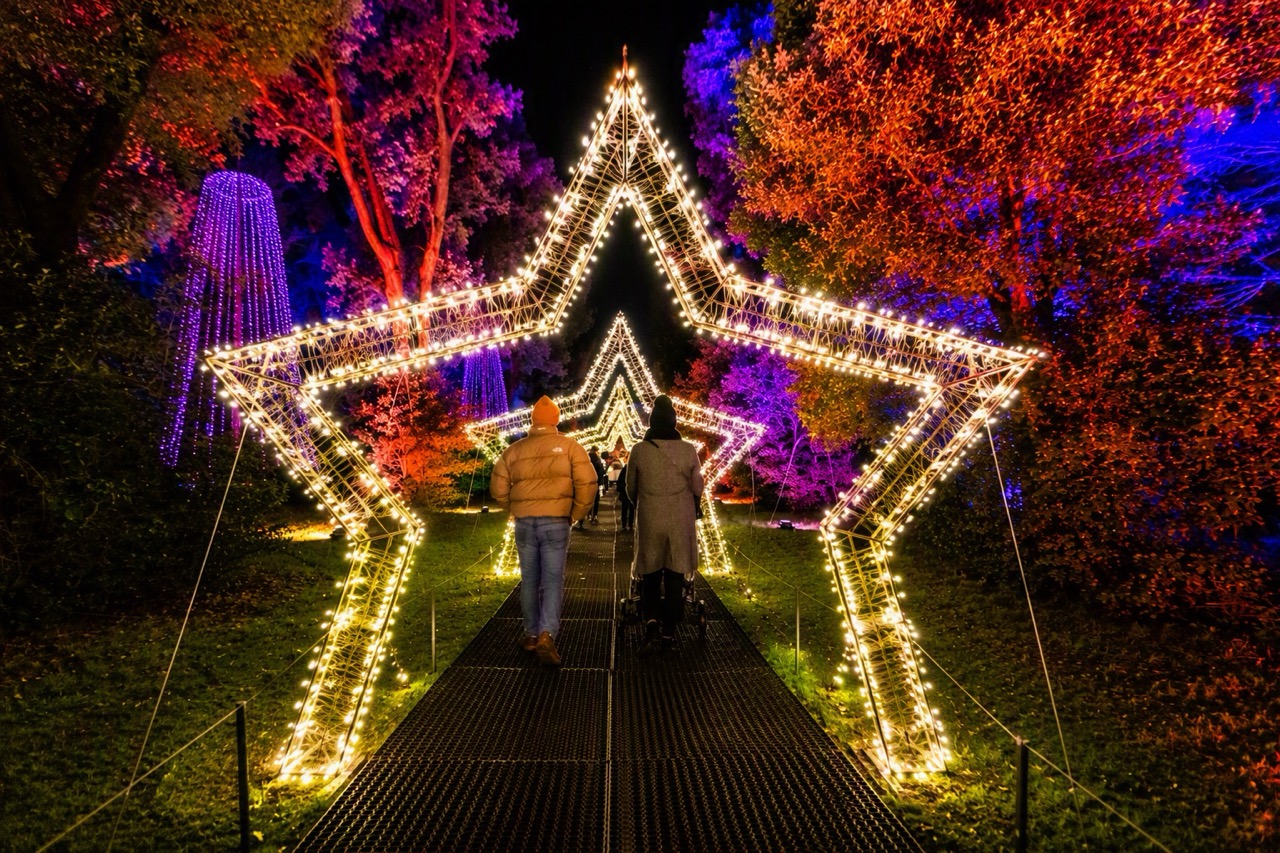 People walking through illuminated stars