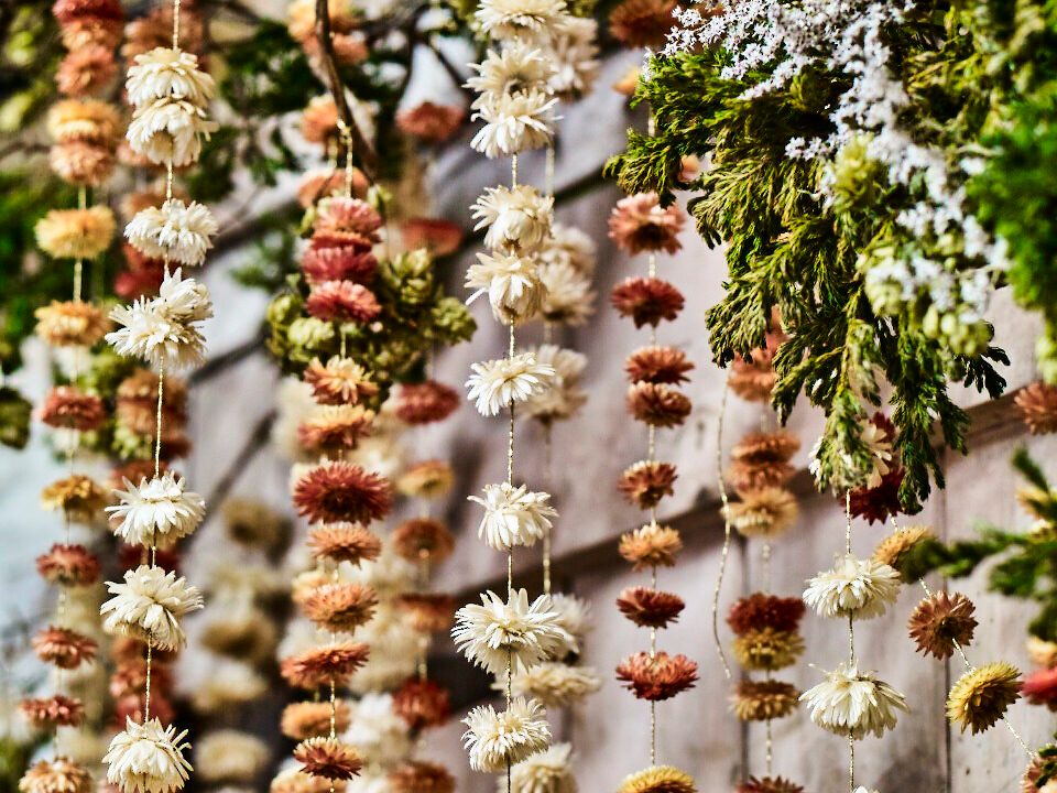 Strawflower garlands made by Bex Partridge as natural Christmas decorations