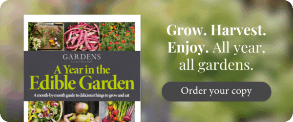 Banner shows partial cover of A Year in the Edible Garden magazine on a blurred background. The text to the right of the cover reads: Grow. Harvest. Enjoy. All year, all gardens. Order your copy.