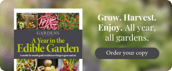 Banner shows partial cover of A Year in the Edible Garden magazine on a blurred background. The text to the right of the cover reads: Grow. Harvest. Enjoy. All year, all gardens. Order your copy.
