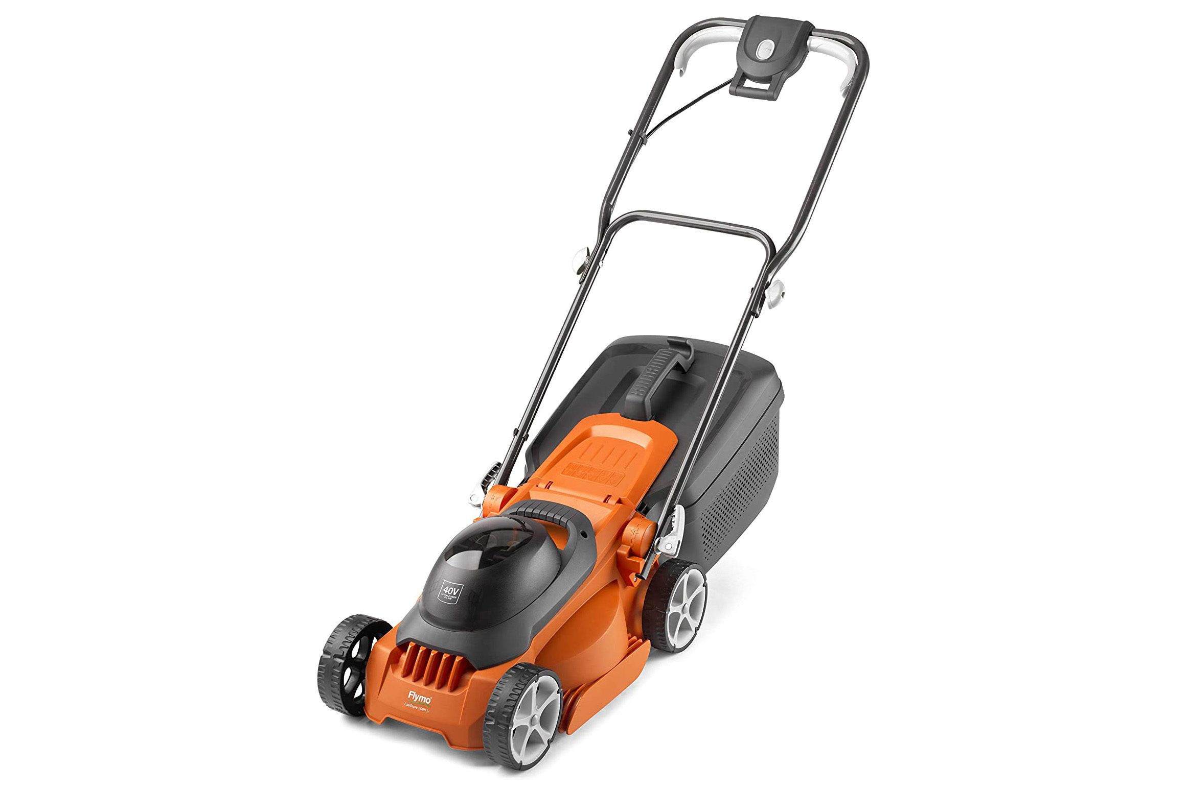 Flymo EasiStore 300R lawn mower on a white background
