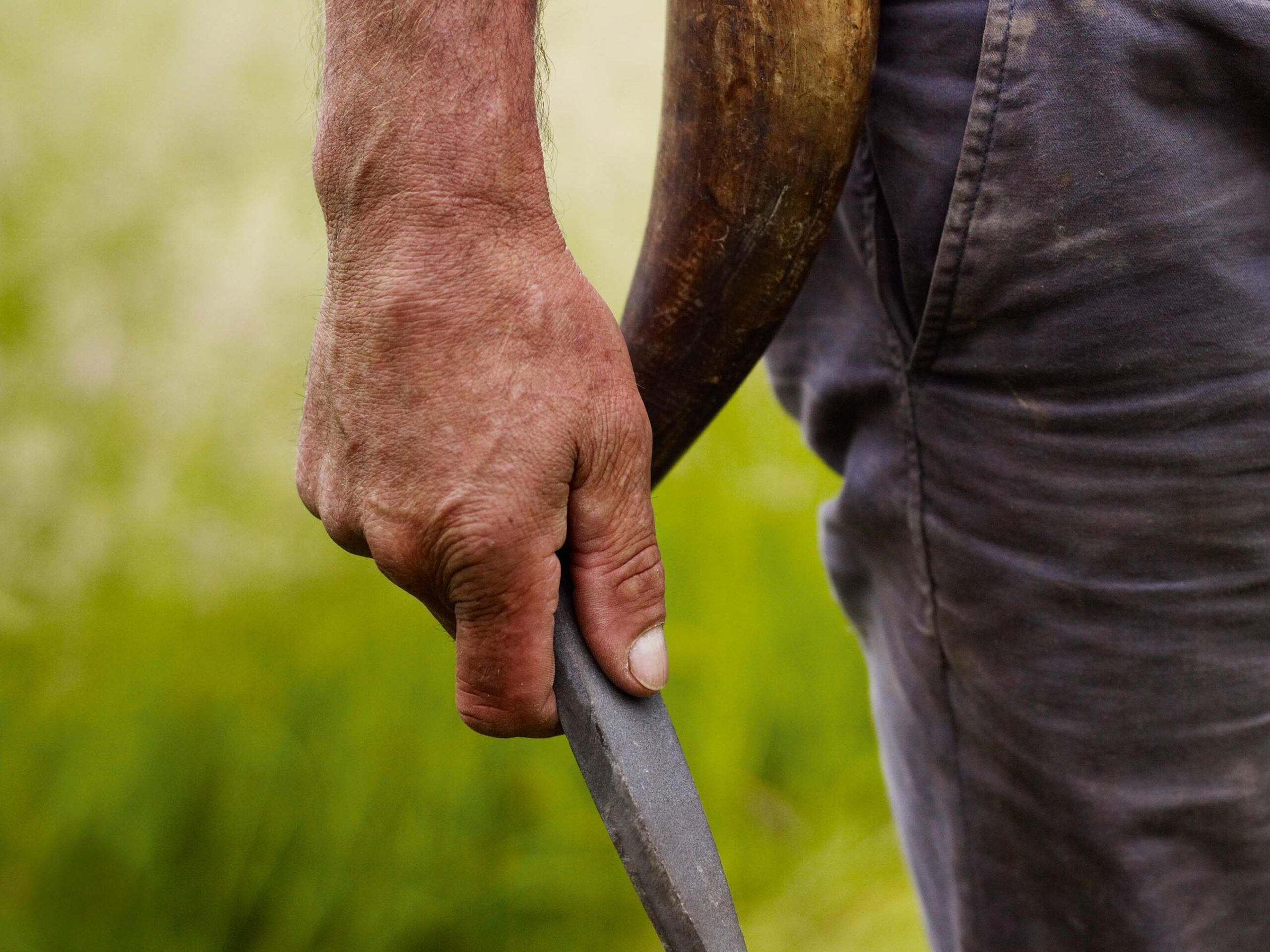 Simon Damant scything in a field at the Wimpole Estate