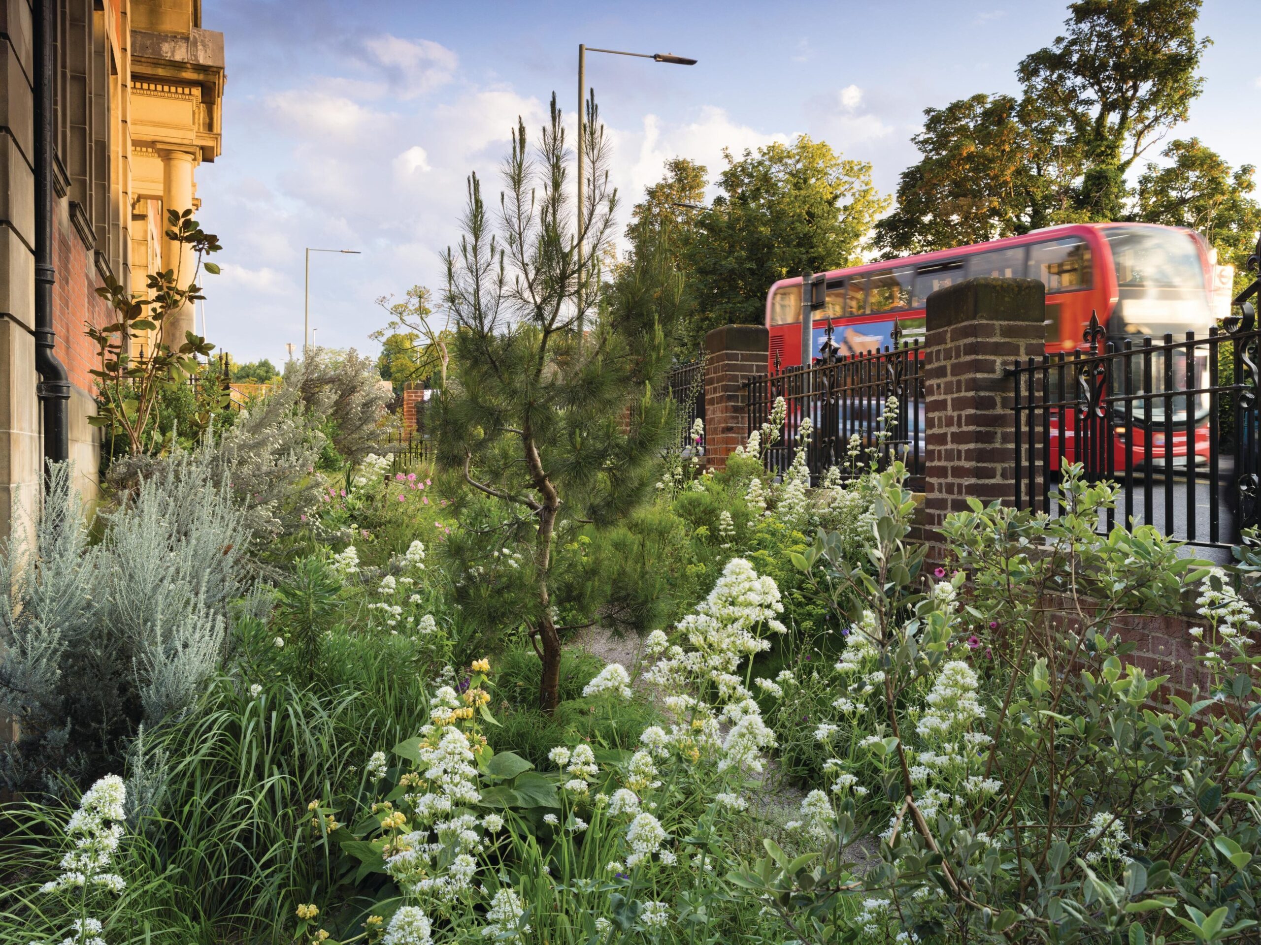 Double-decker bus passing a garden and building