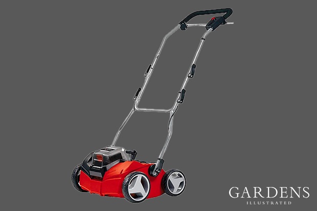 Einhell Power X-Change GE-SC 35/1 scarifier on a grey background
