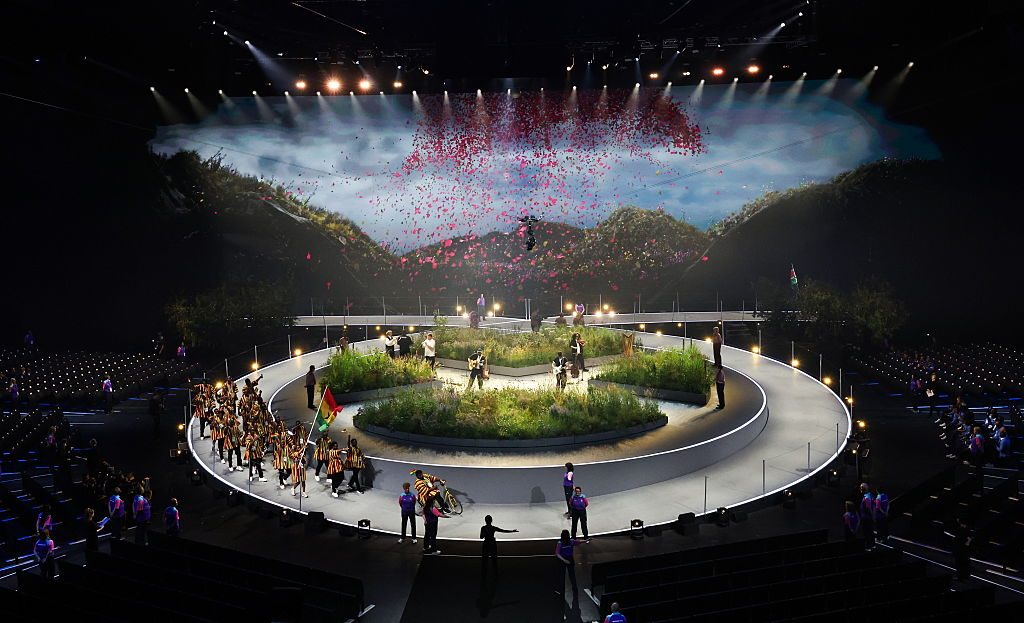 A general view during the 2026 Commonwealth Games Opening Ceremony at the OVO Hydro, on July 23, 2026, in Glasgow, Scotland. © Ross MacDonald/SNS Group via Getty Images