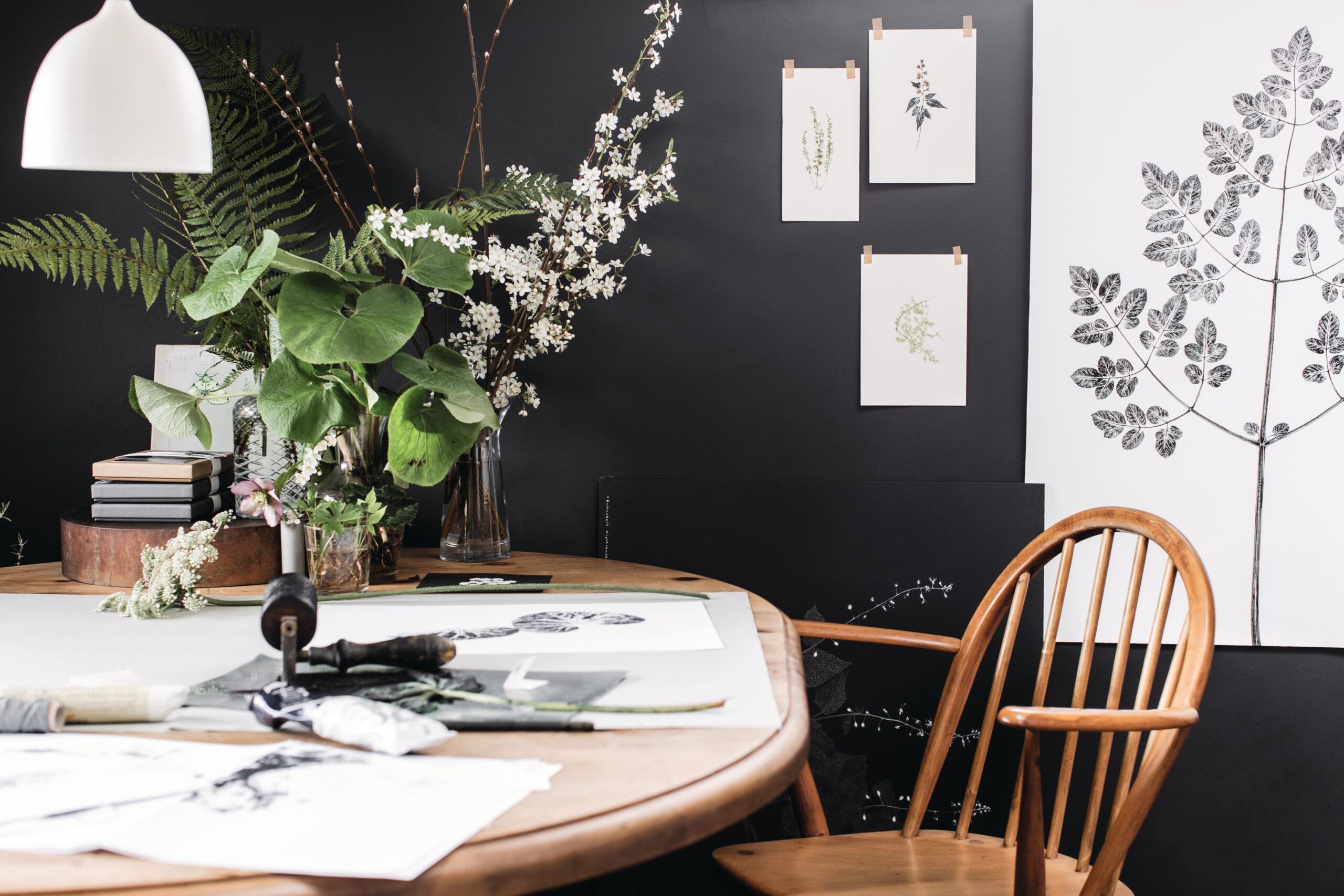 Allison Sylvester's kitchen table: for printing larger pieces she works on the family dining table