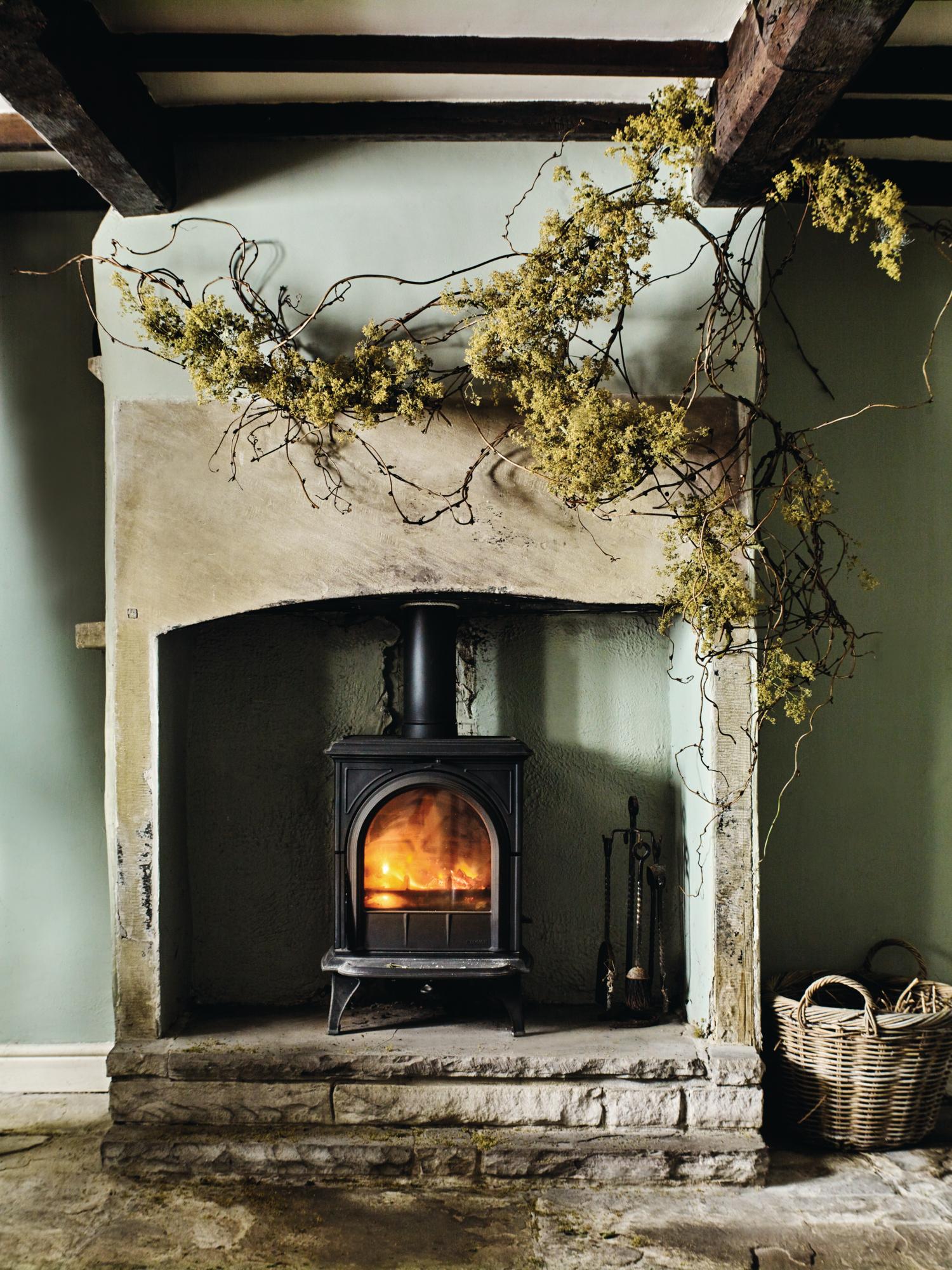 Woodburner and festive plant display