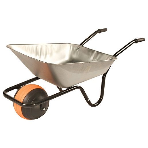 A silver wheelbarrow with a ball-wheel on a white background.