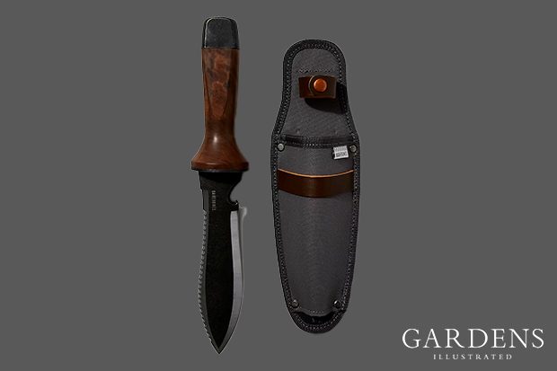 Barebones Hori Hori Garden Knife and Sheath on a grey background