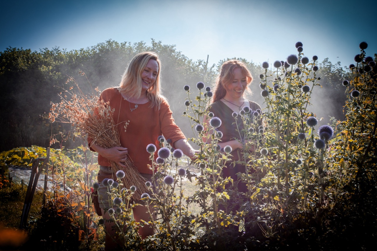 Jenny and Camille picking flowers in the Kitchen Garden at ANRÁN