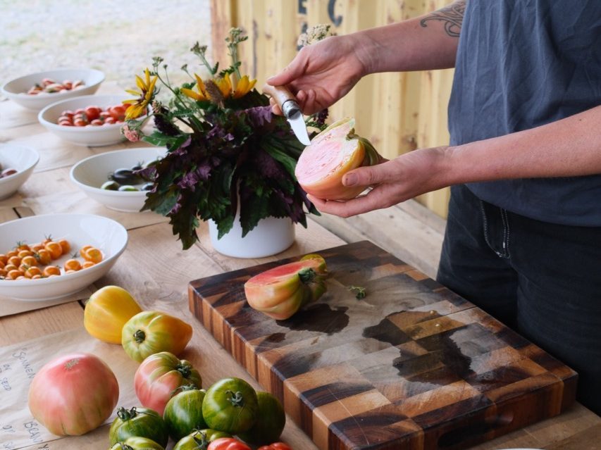 Person cutting tomatoes