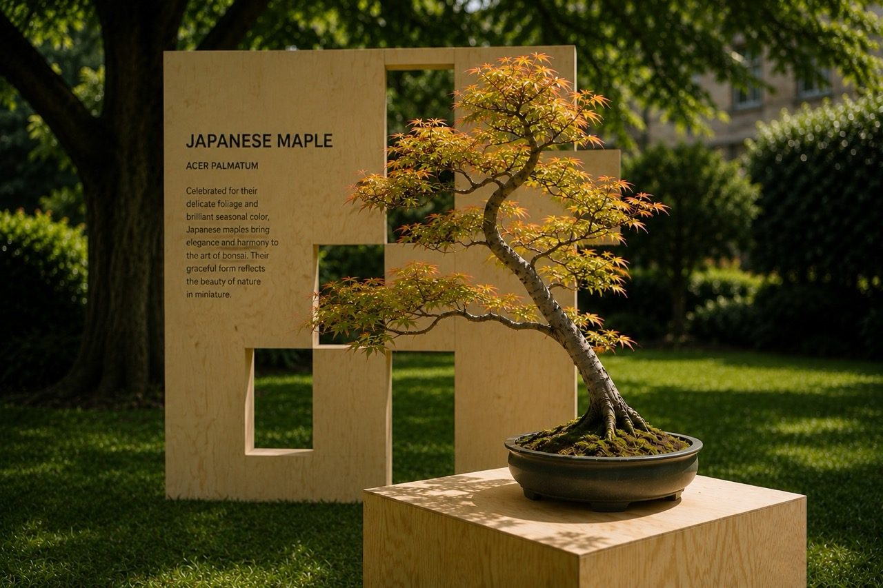 A bonsai tree as part of an outdoor exhibition