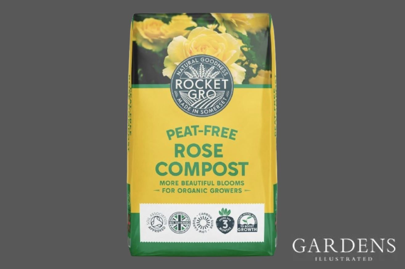 Rocket Gro Peat-Free Rose Compost on a grey background