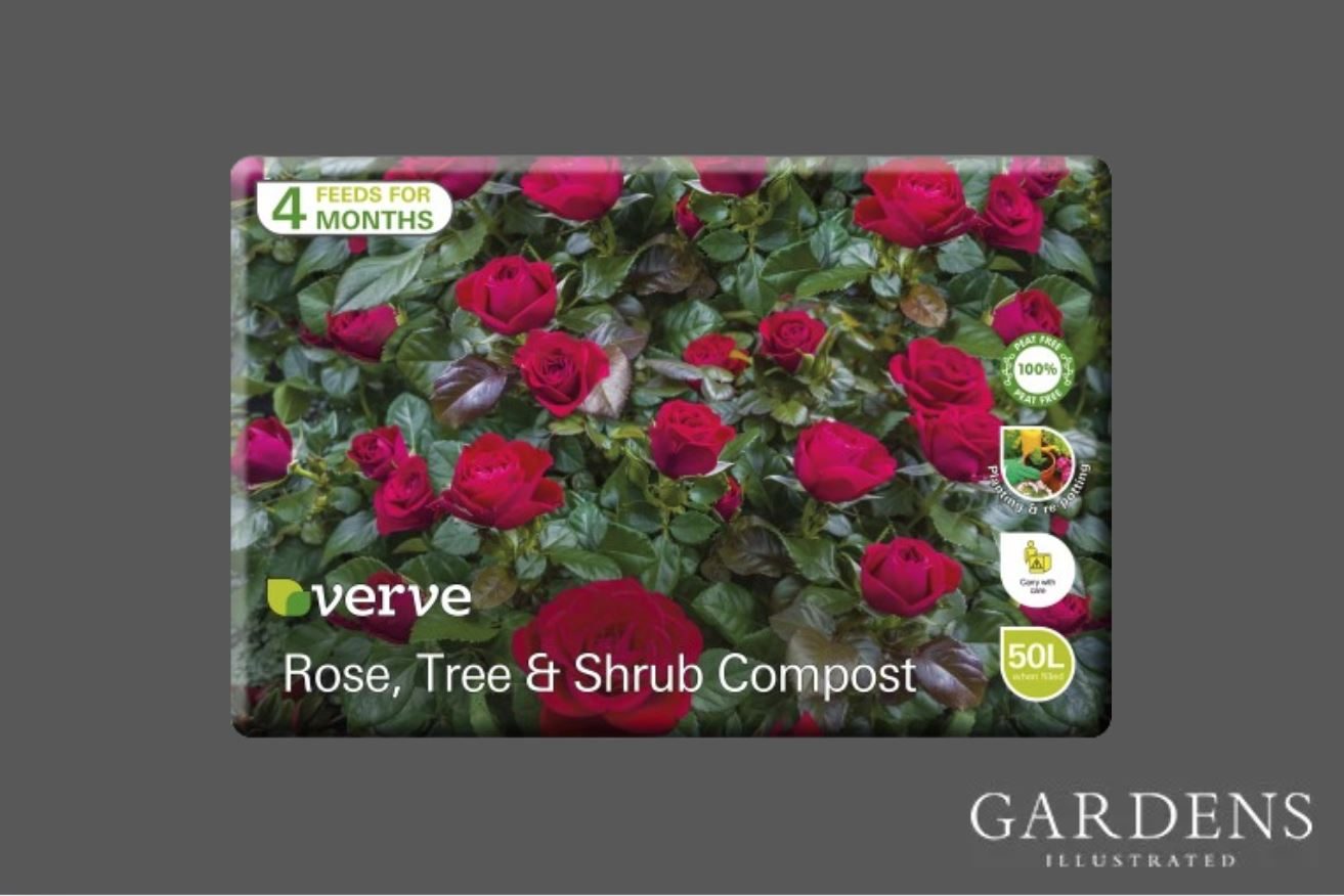 Verve Peat-free Rose, Tree & Shrub Compost on a grey background