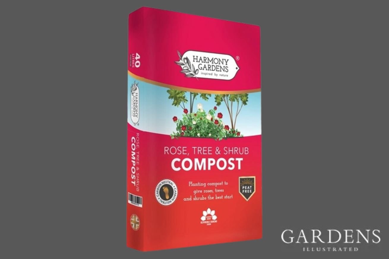 Harmony Gardens Rose Tree & Shrub Compost on a grey background
