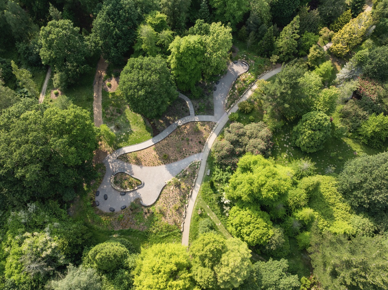 An aerial view of Joe Perkins' Garden for the Future at Sheffield Park and Garden in East Sussex