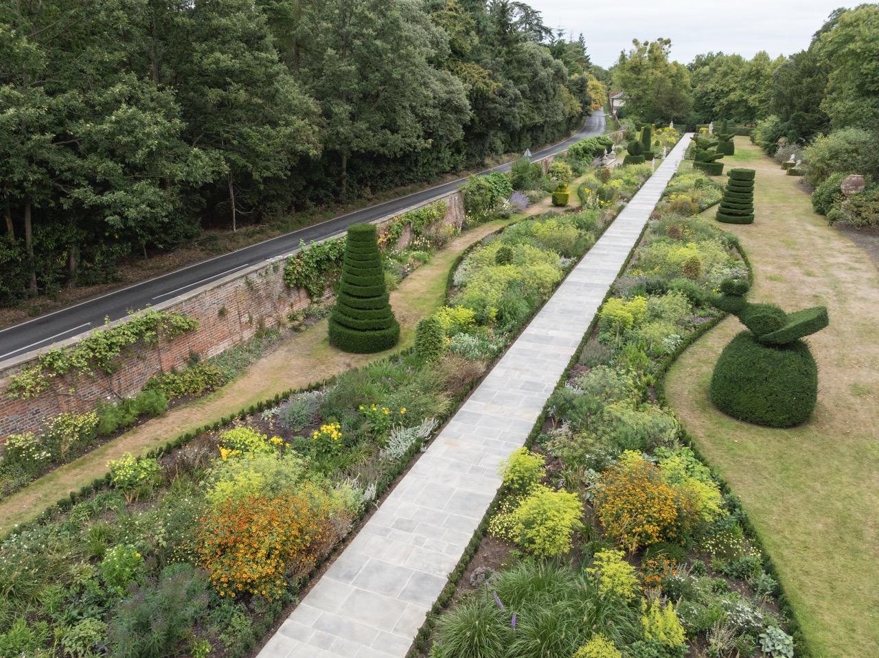 An aerial view of the Long Garden. The widened, Yorkstone path gives greater accessibility.