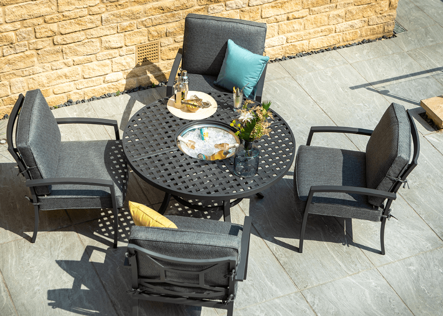Modern metal garden furniture: round table with fire pit