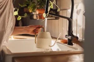 Filling a watering can with tap water Filling a watering can with tap water