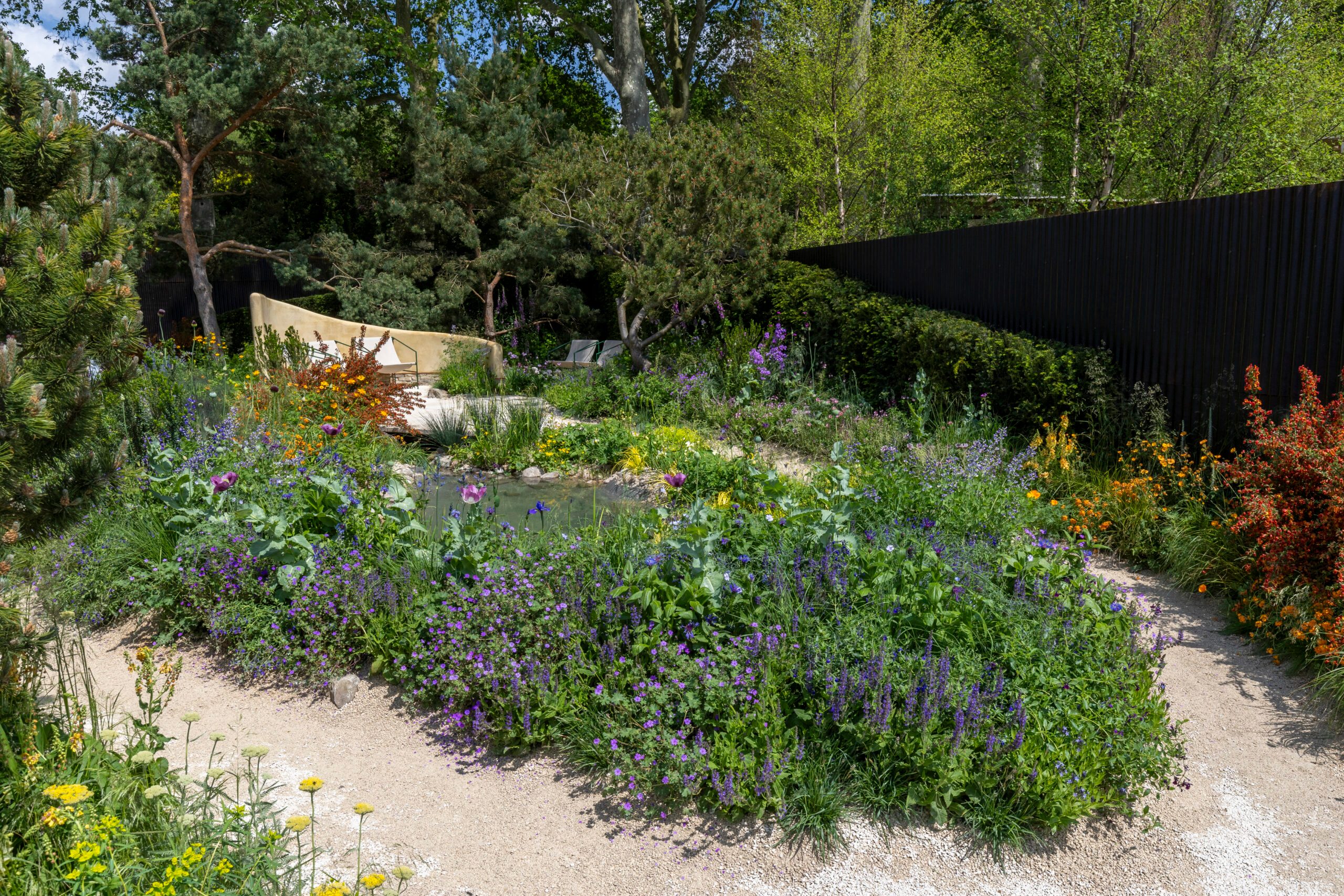 Stroke Association’s Garden for Recovery at RHS Chelsea 2024. Designed by Miria Harris. Sponsored by Project Giving Back. In support of Stroke Association. Show Garden.