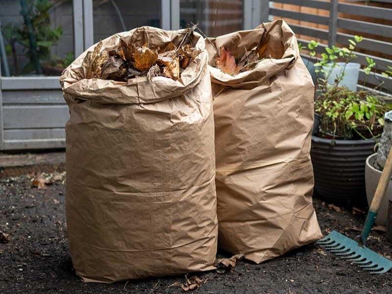 100% compostable garden waste bags filled with leaves