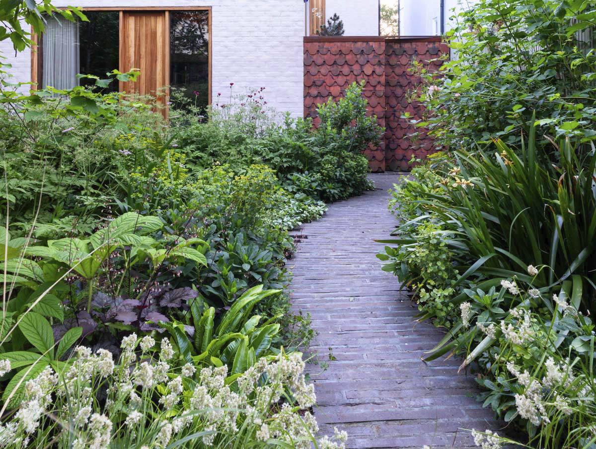 A tiled feature wall leads the eye up the path in this small London garden by Jane Brockbank