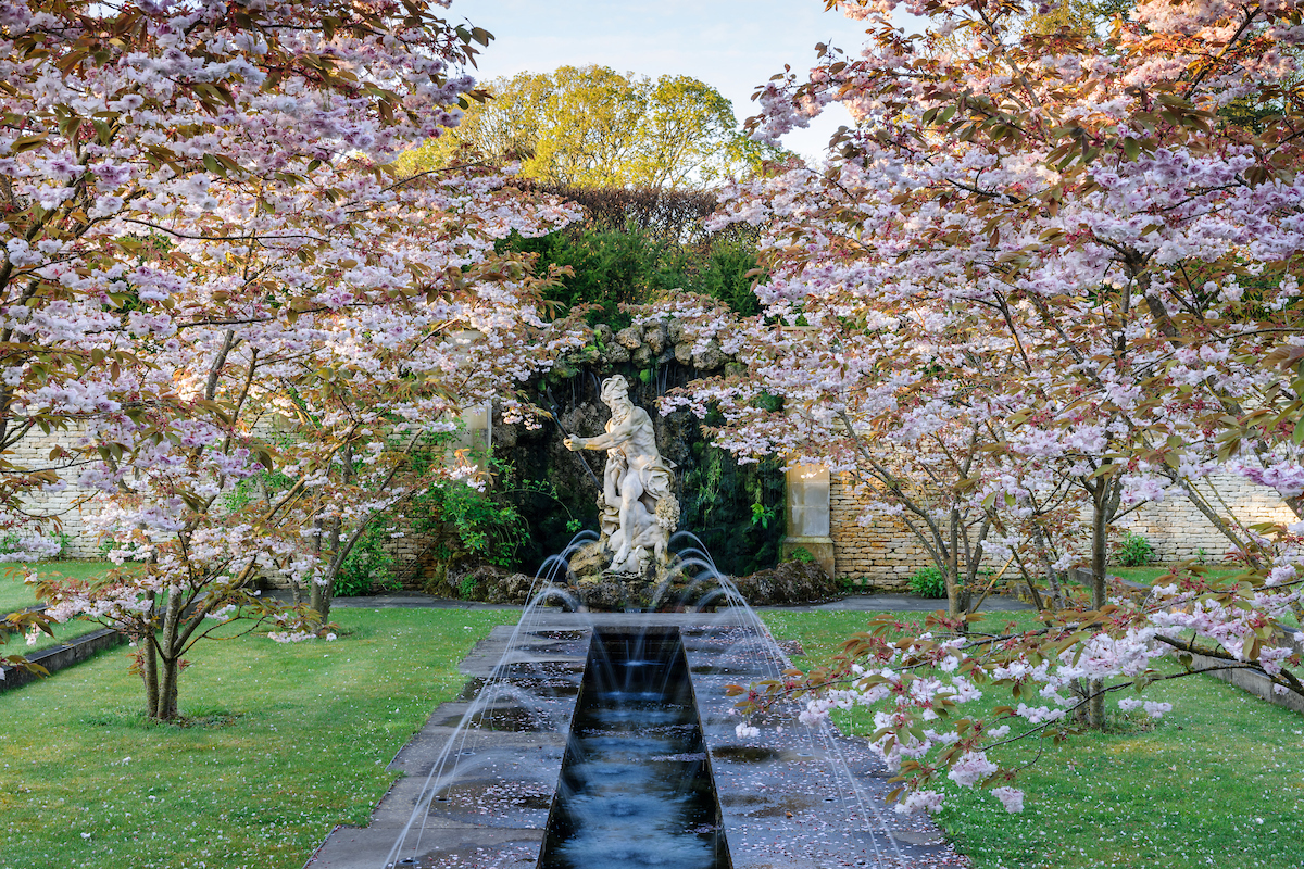 Head gardener Matthew Reese’s Cloister Garden at Malverleys features a statue at the end of an avenue of flowering cherry trees