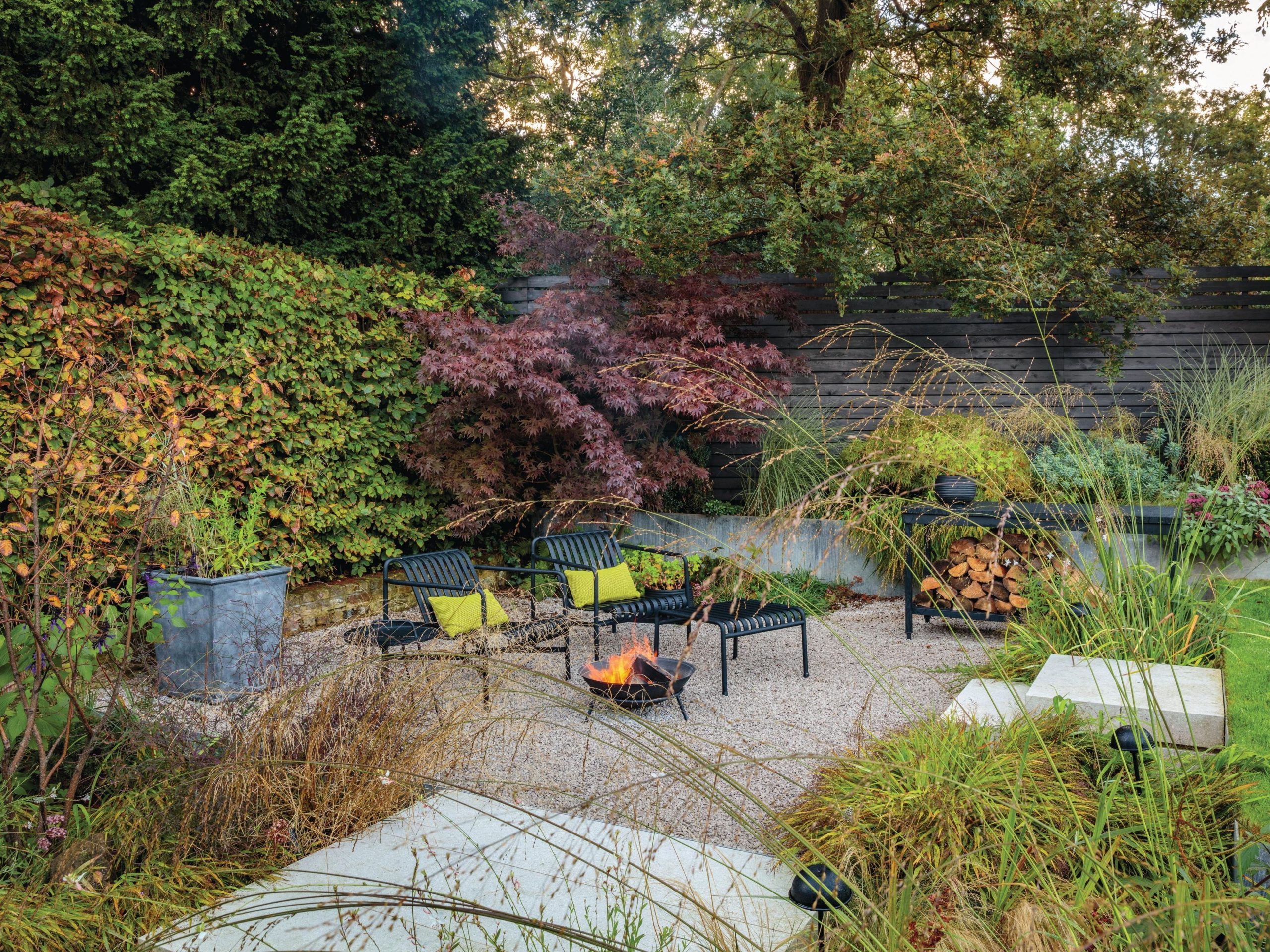 Garden seating area with firepit